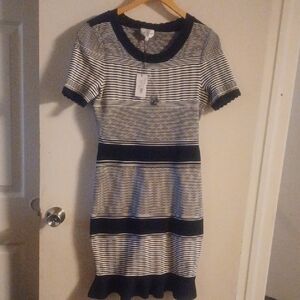 Milly Blue and White Sheath Dress Short Sleeve Crew Neck